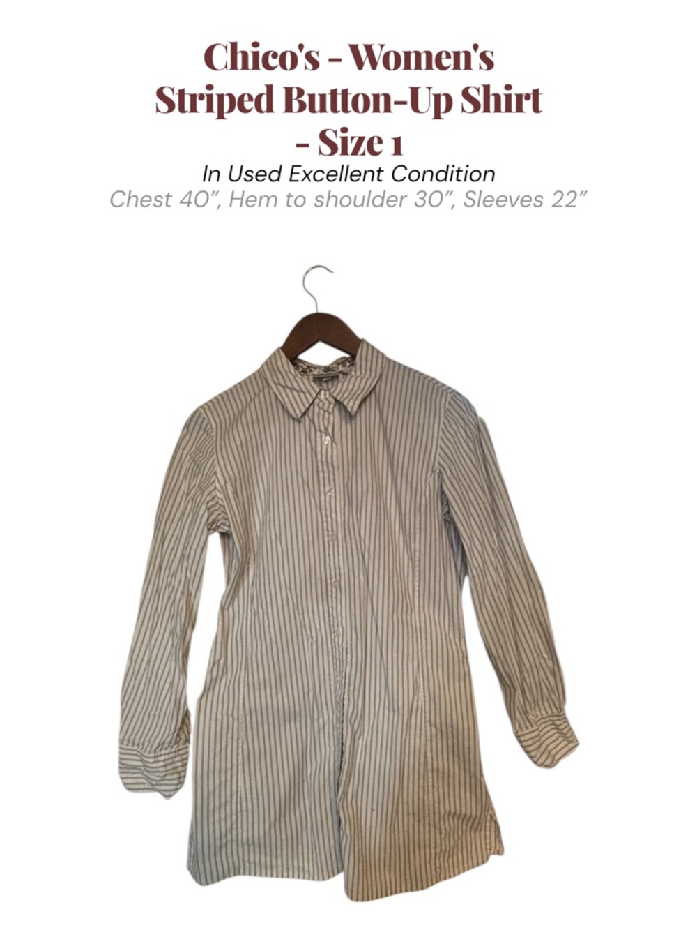 Chico’s Size 1 Striped Button Down Shirt Long Sleeve Cotton Blend Classic